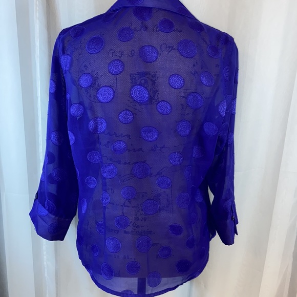 Dana Gibson Sheer Retro Blue Polka Dot Button Down Top M - Picture 10 of 12